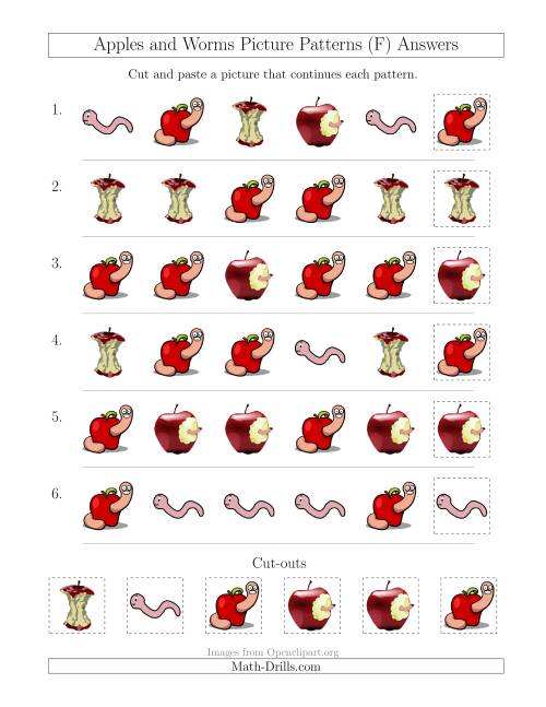 The Apples and Worms Picture Patterns with Shape Attribute Only (F) Math Worksheet Page 2