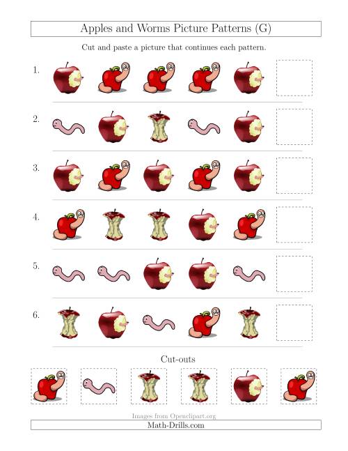 The Apples and Worms Picture Patterns with Shape Attribute Only (G) Math Worksheet
