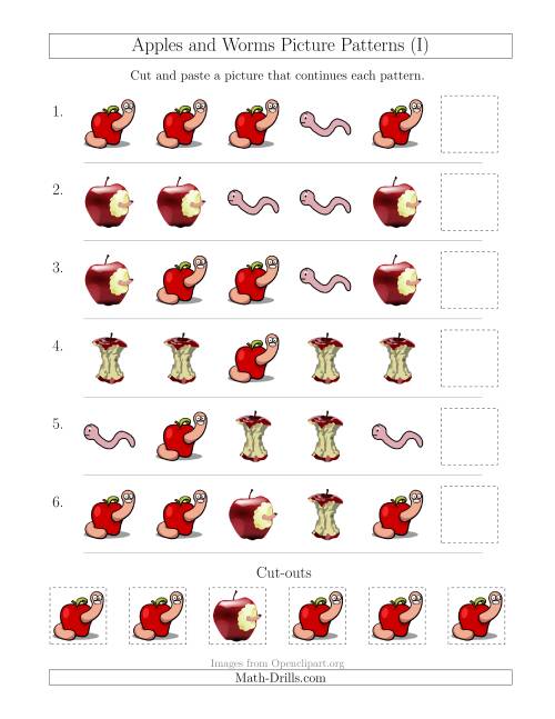 The Apples and Worms Picture Patterns with Shape Attribute Only (I) Math Worksheet
