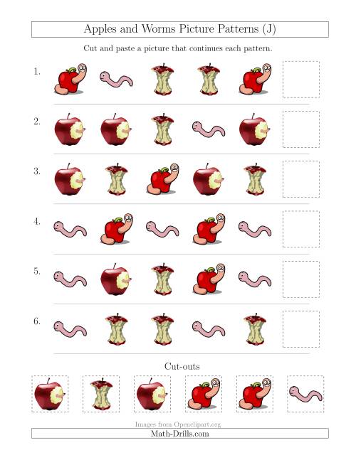 The Apples and Worms Picture Patterns with Shape Attribute Only (J) Math Worksheet