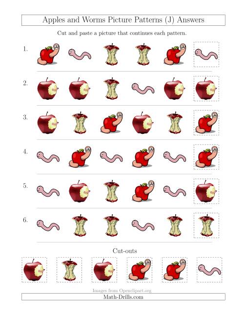 The Apples and Worms Picture Patterns with Shape Attribute Only (J) Math Worksheet Page 2