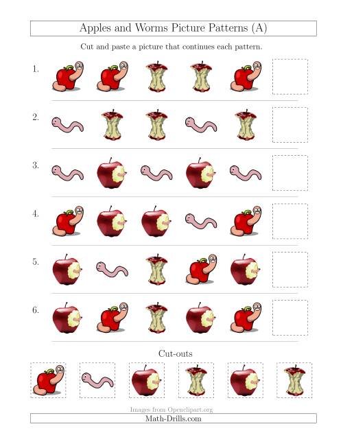 The Apples and Worms Picture Patterns with Shape Attribute Only (All) Math Worksheet
