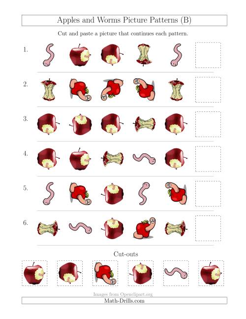 The Apples and Worms Picture Patterns with Shape and Rotation Attributes (B) Math Worksheet