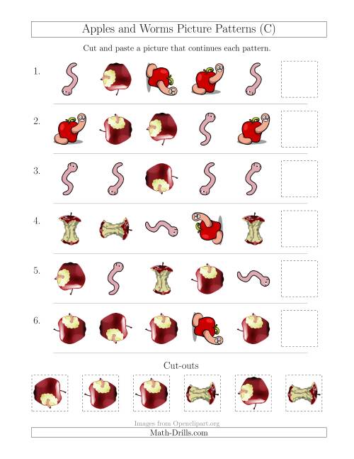 The Apples and Worms Picture Patterns with Shape and Rotation Attributes (C) Math Worksheet