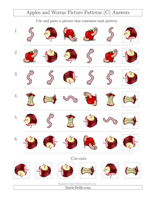 The Apples and Worms Picture Patterns with Shape and Rotation Attributes (C) Math Worksheet Page 2
