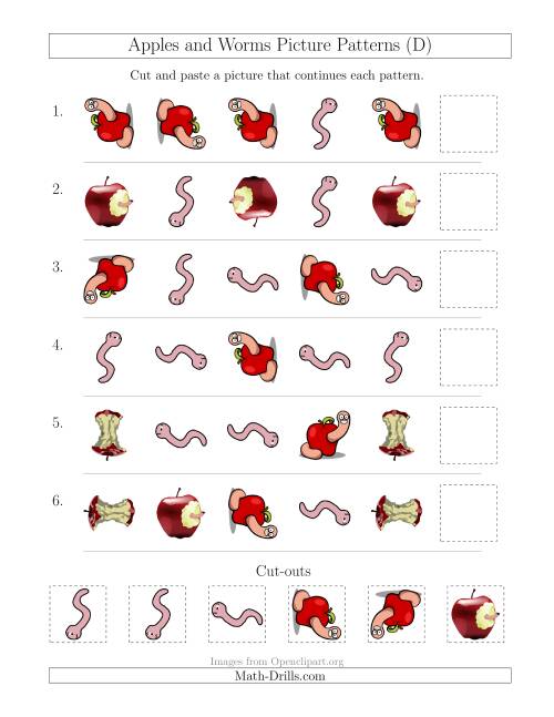 The Apples and Worms Picture Patterns with Shape and Rotation Attributes (D) Math Worksheet