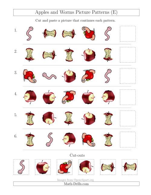 The Apples and Worms Picture Patterns with Shape and Rotation Attributes (E) Math Worksheet