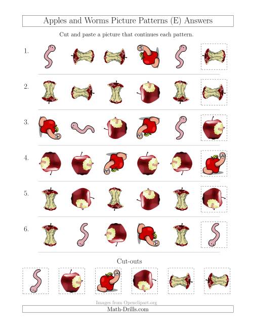 The Apples and Worms Picture Patterns with Shape and Rotation Attributes (E) Math Worksheet Page 2