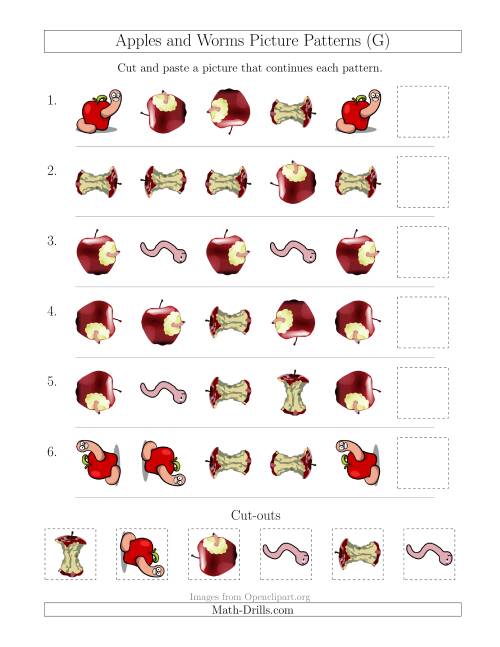 The Apples and Worms Picture Patterns with Shape and Rotation Attributes (G) Math Worksheet