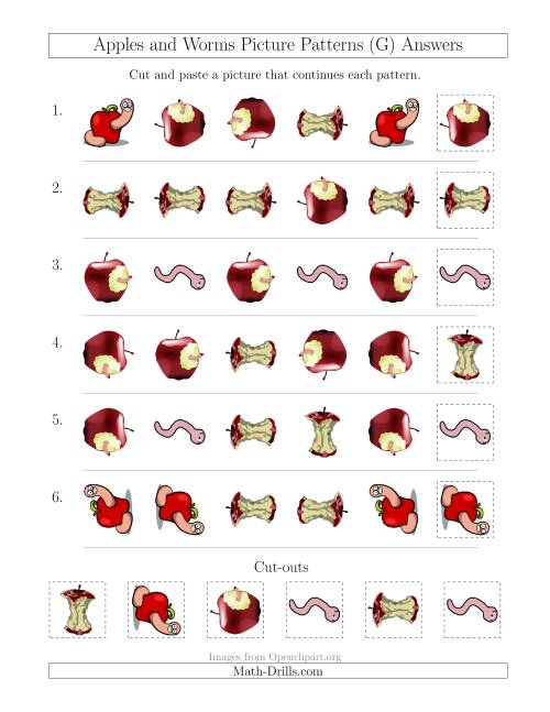 The Apples and Worms Picture Patterns with Shape and Rotation Attributes (G) Math Worksheet Page 2