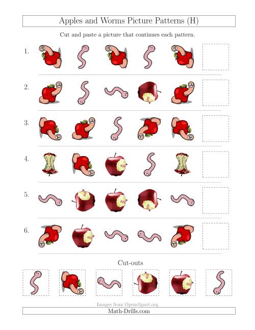 The Apples and Worms Picture Patterns with Shape and Rotation Attributes (H) Math Worksheet