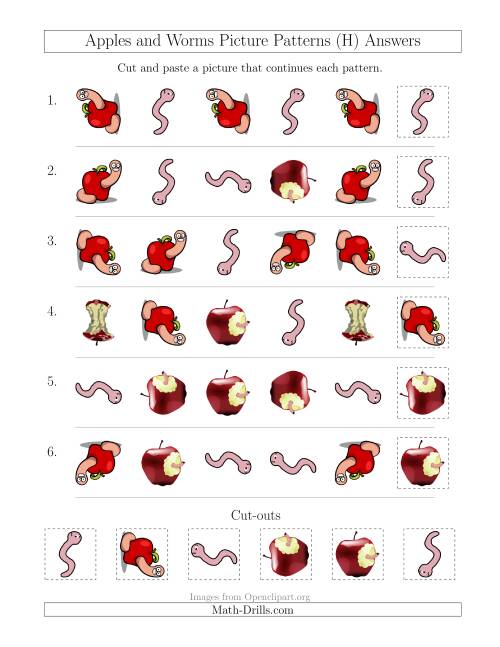 The Apples and Worms Picture Patterns with Shape and Rotation Attributes (H) Math Worksheet Page 2