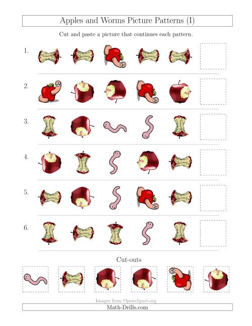 The Apples and Worms Picture Patterns with Shape and Rotation Attributes (I) Math Worksheet