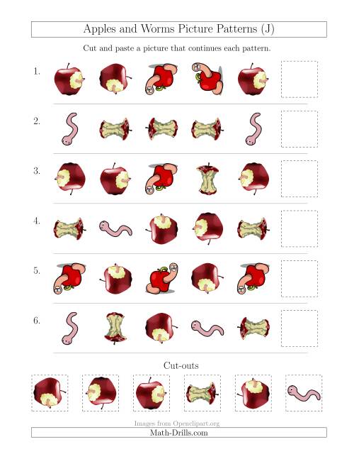 The Apples and Worms Picture Patterns with Shape and Rotation Attributes (J) Math Worksheet