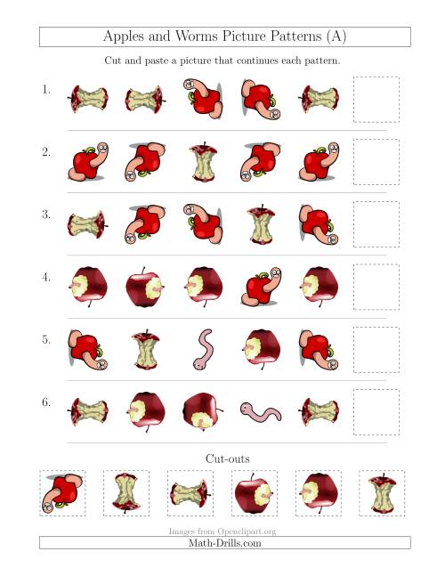 The Apples and Worms Picture Patterns with Shape and Rotation Attributes (All) Math Worksheet