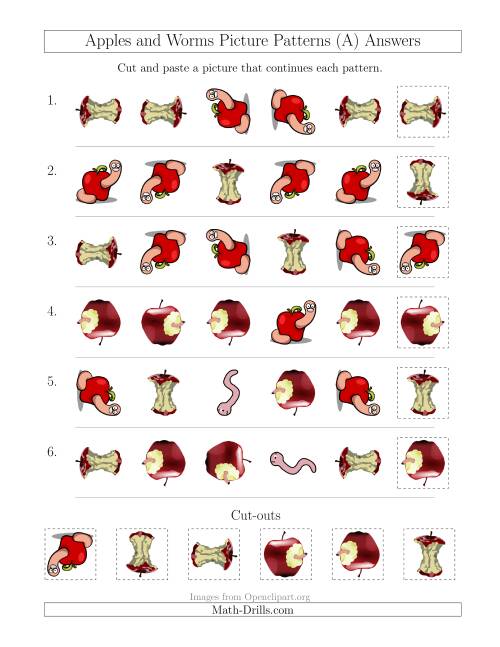 The Apples and Worms Picture Patterns with Shape and Rotation Attributes (All) Math Worksheet Page 2