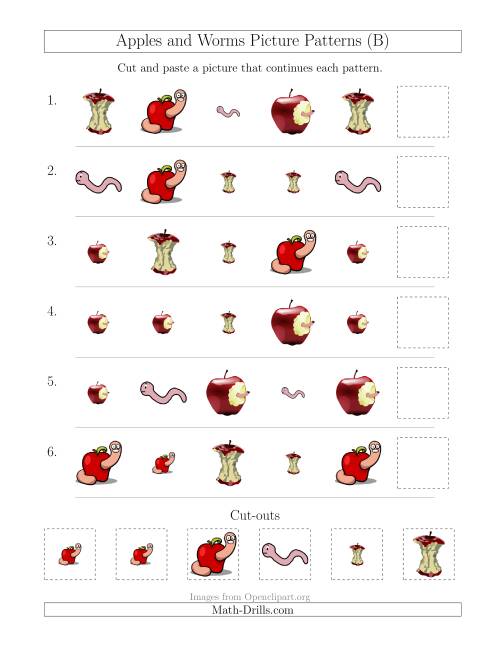 The Apples and Worms Picture Patterns with Shape and Size Attributes (B) Math Worksheet