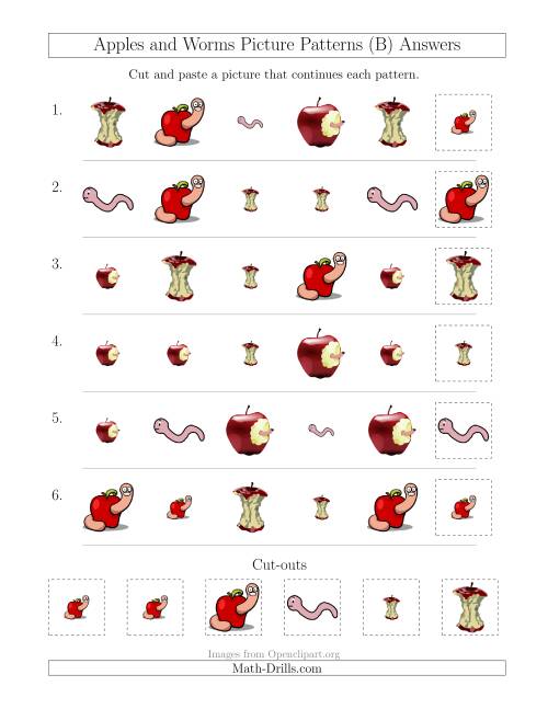 The Apples and Worms Picture Patterns with Shape and Size Attributes (B) Math Worksheet Page 2