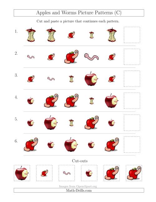 The Apples and Worms Picture Patterns with Shape and Size Attributes (C) Math Worksheet