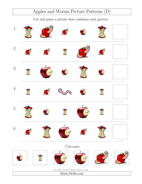The Apples and Worms Picture Patterns with Shape and Size Attributes (D) Math Worksheet