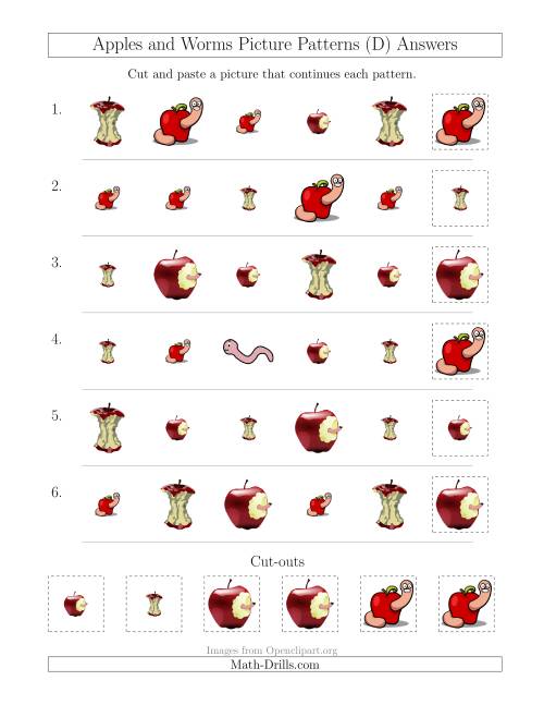 The Apples and Worms Picture Patterns with Shape and Size Attributes (D) Math Worksheet Page 2