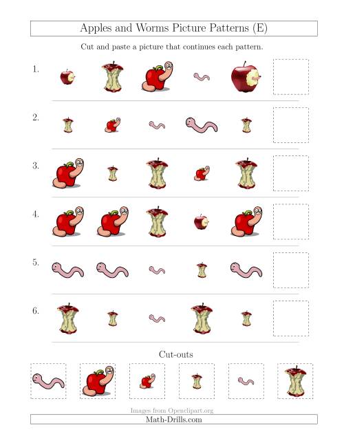 The Apples and Worms Picture Patterns with Shape and Size Attributes (E) Math Worksheet