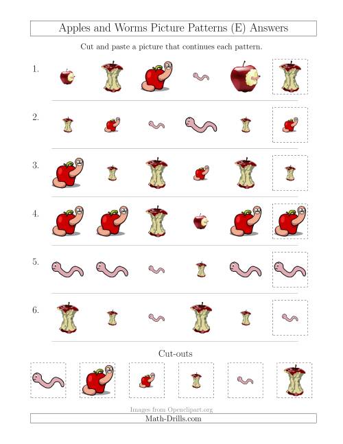 The Apples and Worms Picture Patterns with Shape and Size Attributes (E) Math Worksheet Page 2