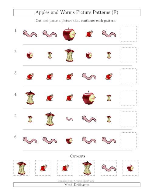 The Apples and Worms Picture Patterns with Shape and Size Attributes (F) Math Worksheet