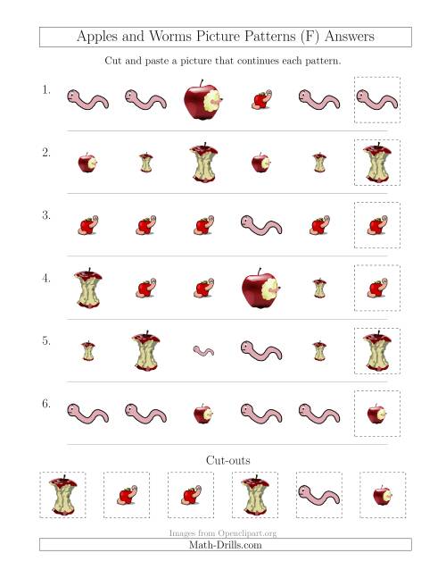The Apples and Worms Picture Patterns with Shape and Size Attributes (F) Math Worksheet Page 2