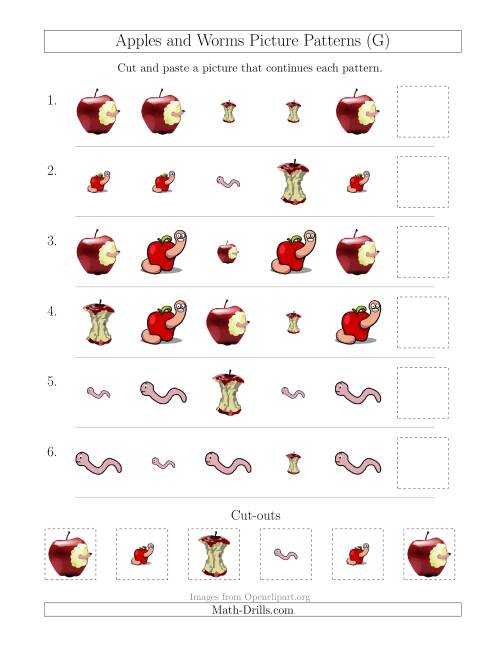 The Apples and Worms Picture Patterns with Shape and Size Attributes (G) Math Worksheet