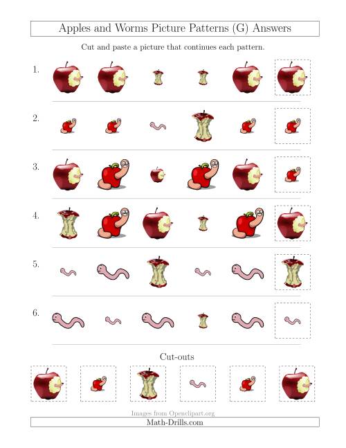 The Apples and Worms Picture Patterns with Shape and Size Attributes (G) Math Worksheet Page 2