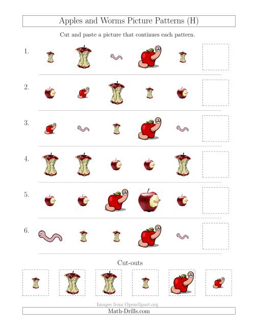 The Apples and Worms Picture Patterns with Shape and Size Attributes (H) Math Worksheet