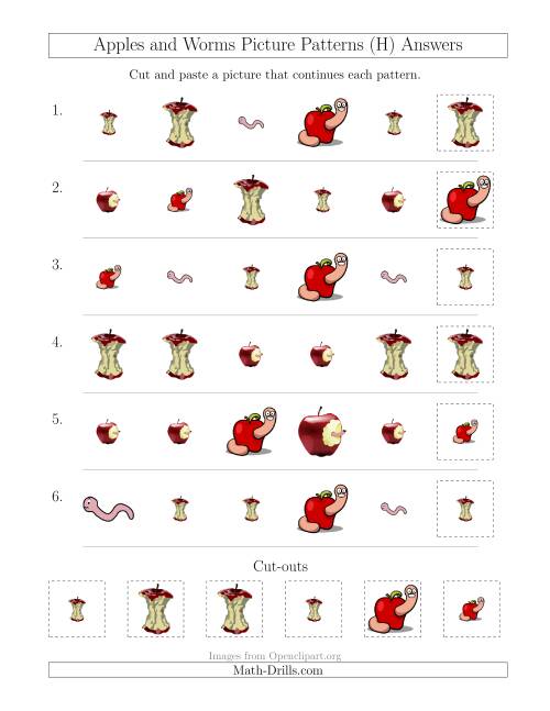 The Apples and Worms Picture Patterns with Shape and Size Attributes (H) Math Worksheet Page 2