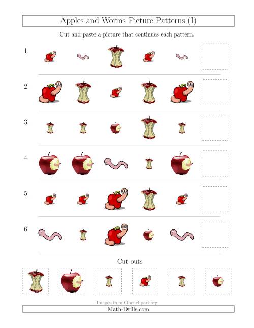 The Apples and Worms Picture Patterns with Shape and Size Attributes (I) Math Worksheet