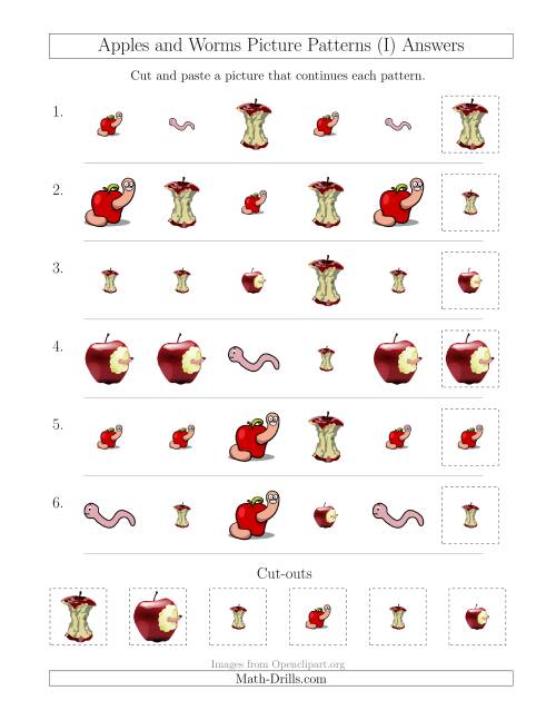 The Apples and Worms Picture Patterns with Shape and Size Attributes (I) Math Worksheet Page 2