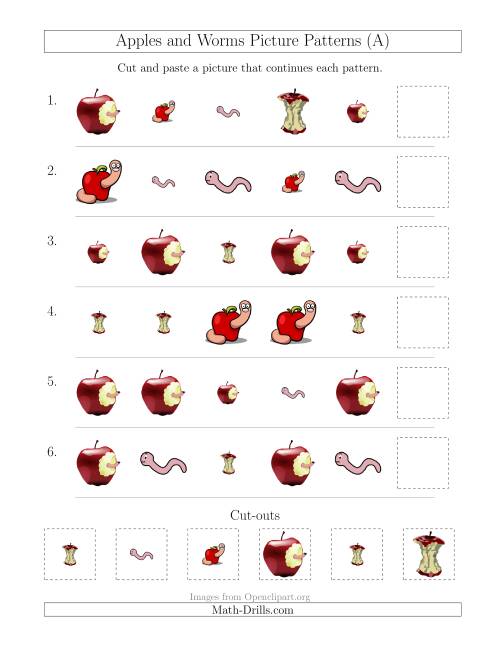 The Apples and Worms Picture Patterns with Shape and Size Attributes (All) Math Worksheet