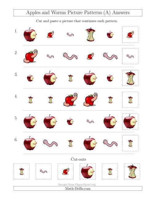 The Apples and Worms Picture Patterns with Shape and Size Attributes (All) Math Worksheet Page 2
