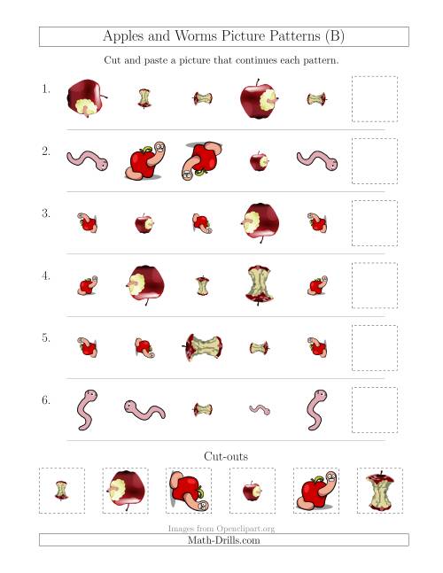 The Apples and Worms Picture Patterns with Shape, Size and Rotation Attributes (B) Math Worksheet