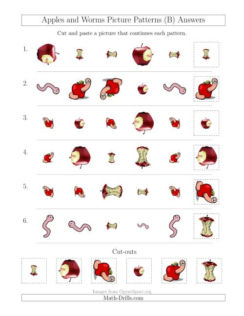 The Apples and Worms Picture Patterns with Shape, Size and Rotation Attributes (B) Math Worksheet Page 2