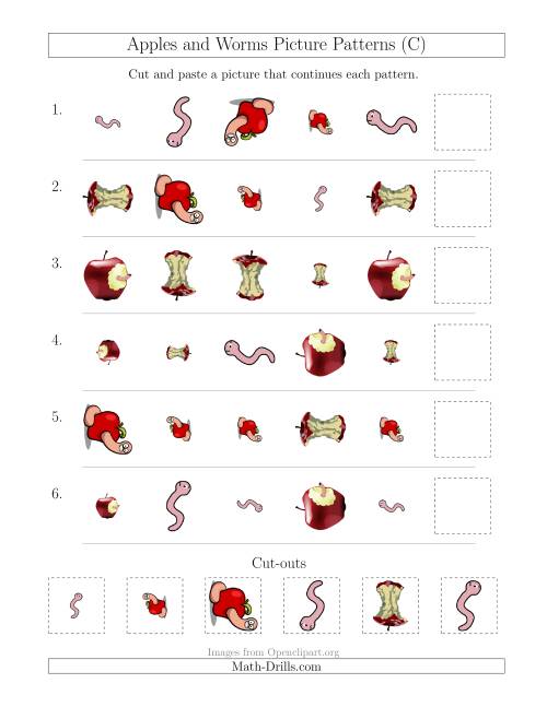 The Apples and Worms Picture Patterns with Shape, Size and Rotation Attributes (C) Math Worksheet