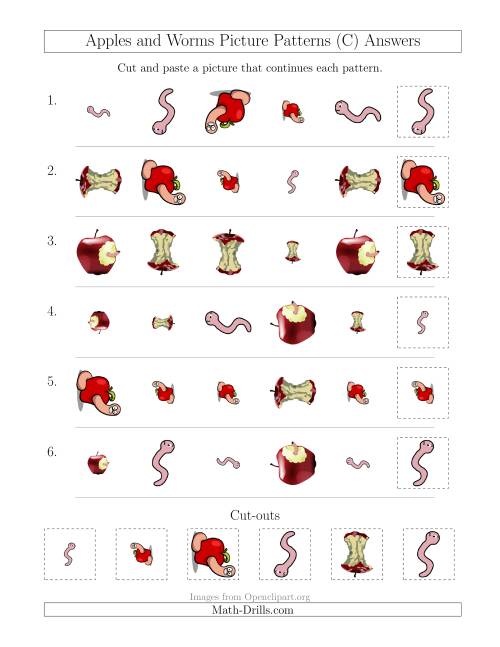 The Apples and Worms Picture Patterns with Shape, Size and Rotation Attributes (C) Math Worksheet Page 2