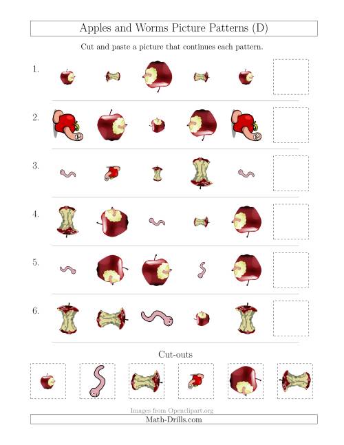 The Apples and Worms Picture Patterns with Shape, Size and Rotation Attributes (D) Math Worksheet