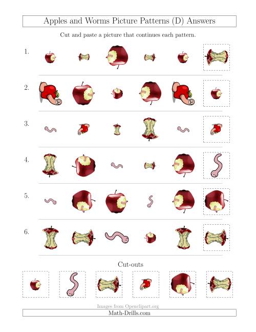 The Apples and Worms Picture Patterns with Shape, Size and Rotation Attributes (D) Math Worksheet Page 2