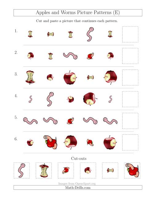 The Apples and Worms Picture Patterns with Shape, Size and Rotation Attributes (E) Math Worksheet