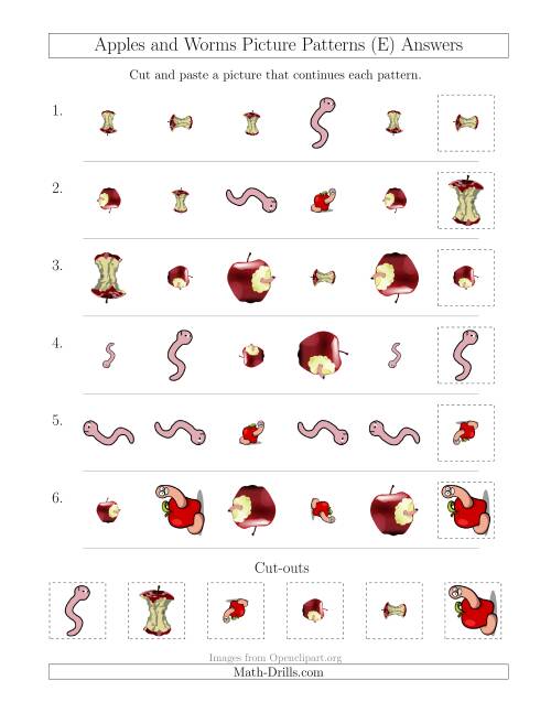 The Apples and Worms Picture Patterns with Shape, Size and Rotation Attributes (E) Math Worksheet Page 2