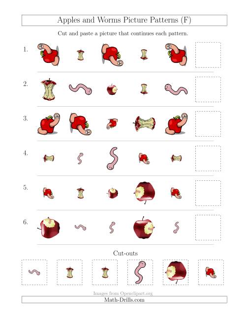 The Apples and Worms Picture Patterns with Shape, Size and Rotation Attributes (F) Math Worksheet
