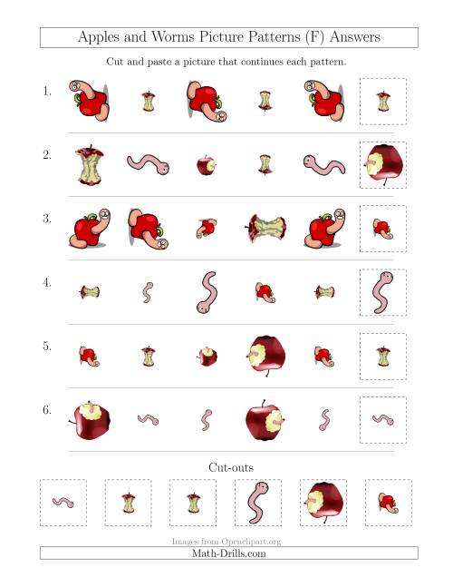 The Apples and Worms Picture Patterns with Shape, Size and Rotation Attributes (F) Math Worksheet Page 2
