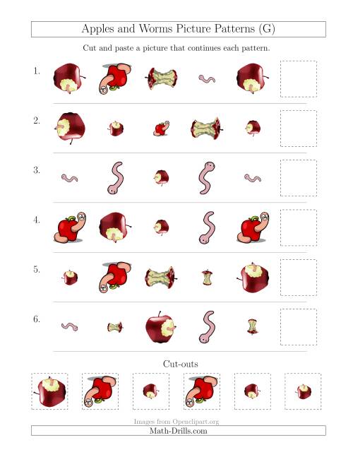 The Apples and Worms Picture Patterns with Shape, Size and Rotation Attributes (G) Math Worksheet