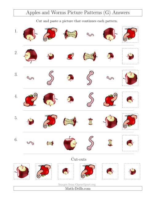 The Apples and Worms Picture Patterns with Shape, Size and Rotation Attributes (G) Math Worksheet Page 2