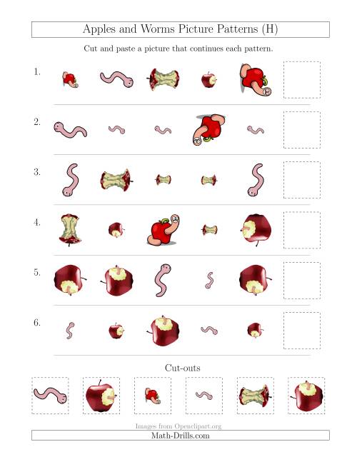 The Apples and Worms Picture Patterns with Shape, Size and Rotation Attributes (H) Math Worksheet